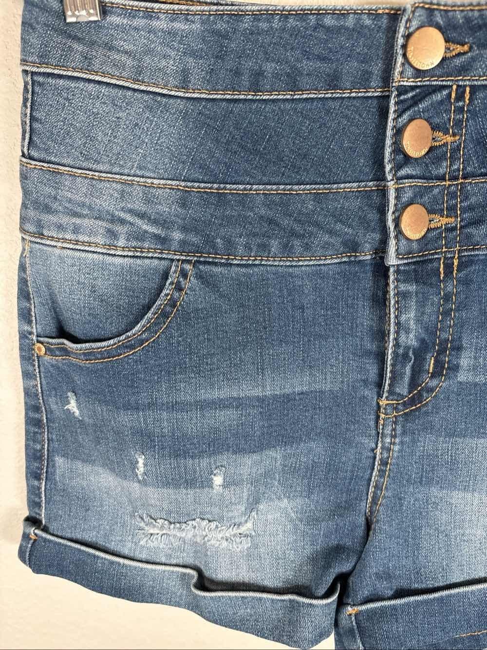 Tinseltown Women's Blue High Rise Distressed Button Fly Denim Jean Shorts 3 - Thumbnail 4