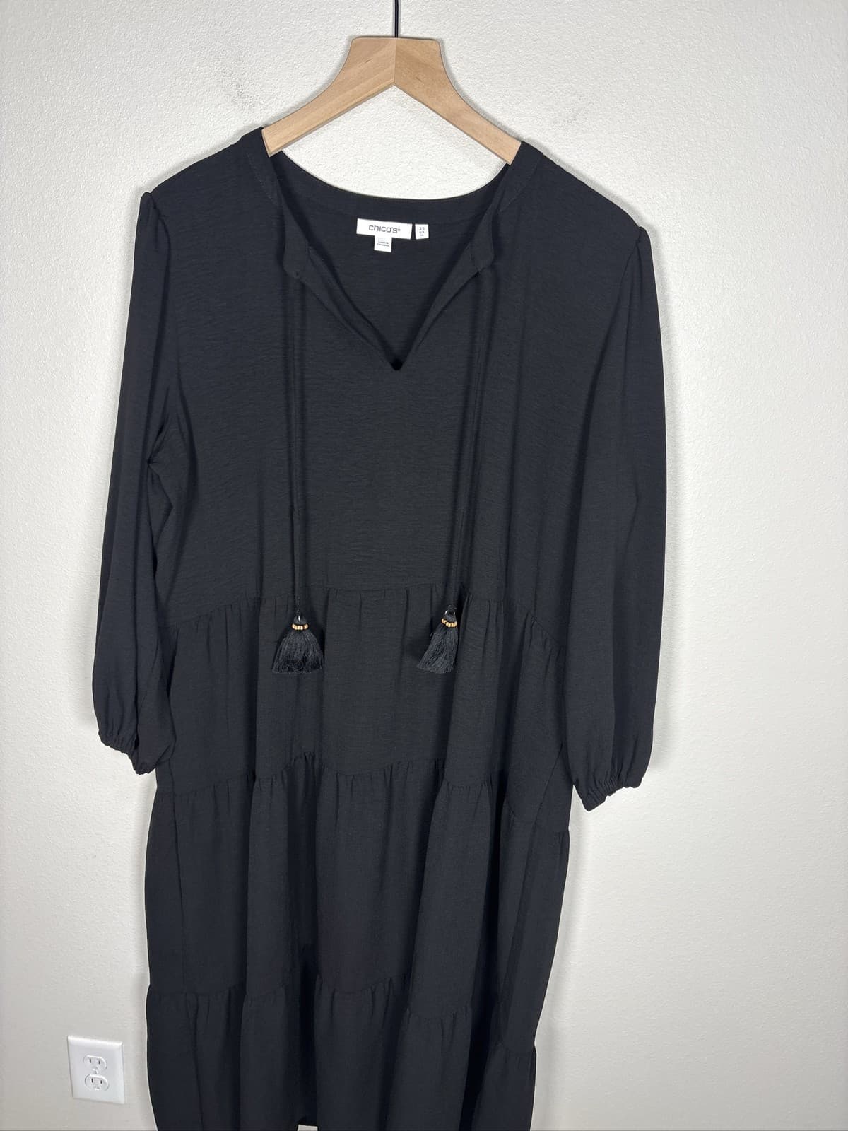 Chico's Black Midi Dress Women's Tiered Tassel Tie Neck Long Sleeve - Thumbnail 2