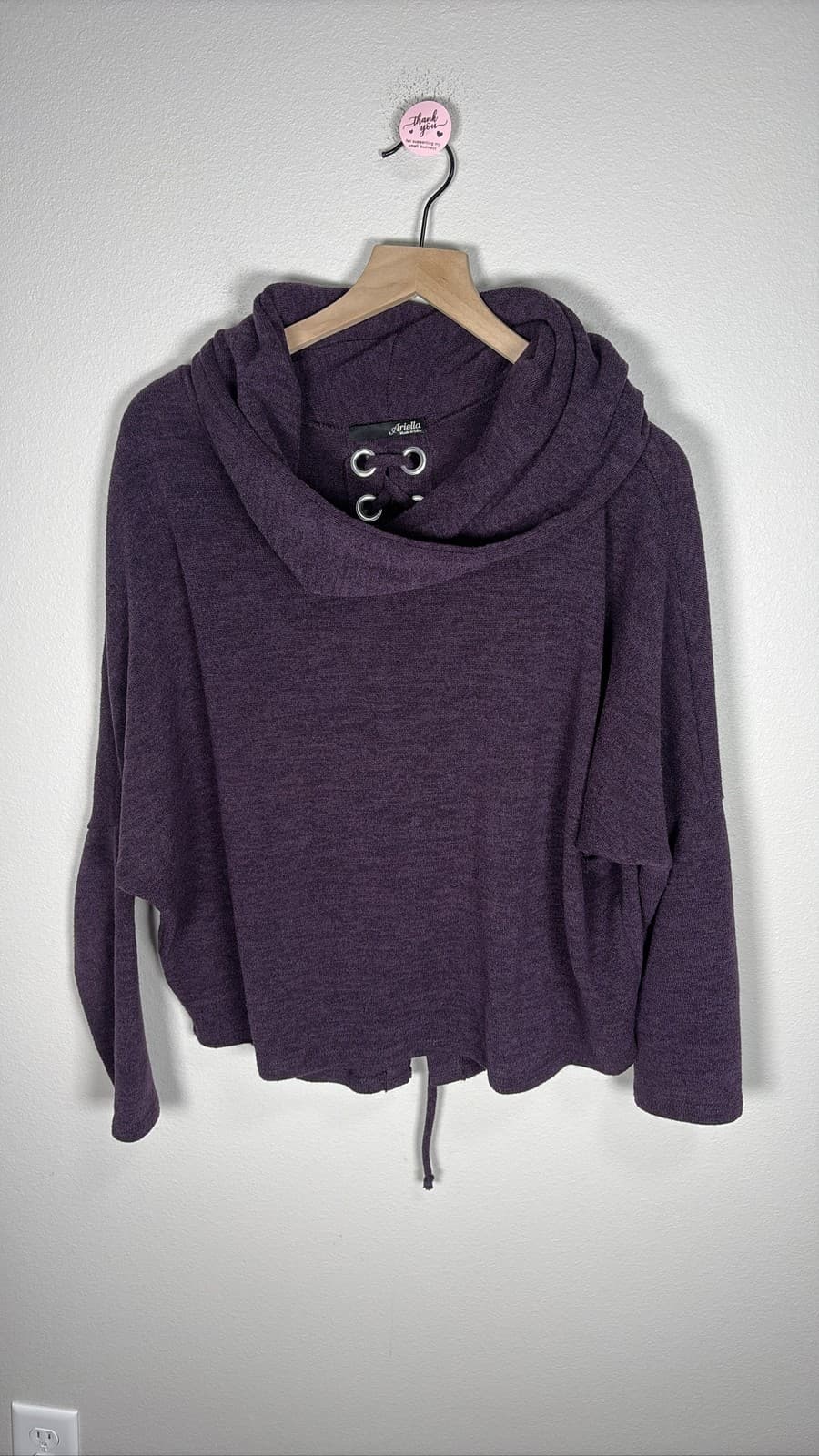 Ariella Women's Purple Oversized Cowl Neck Sweater Dolman Lace Up Back Size L