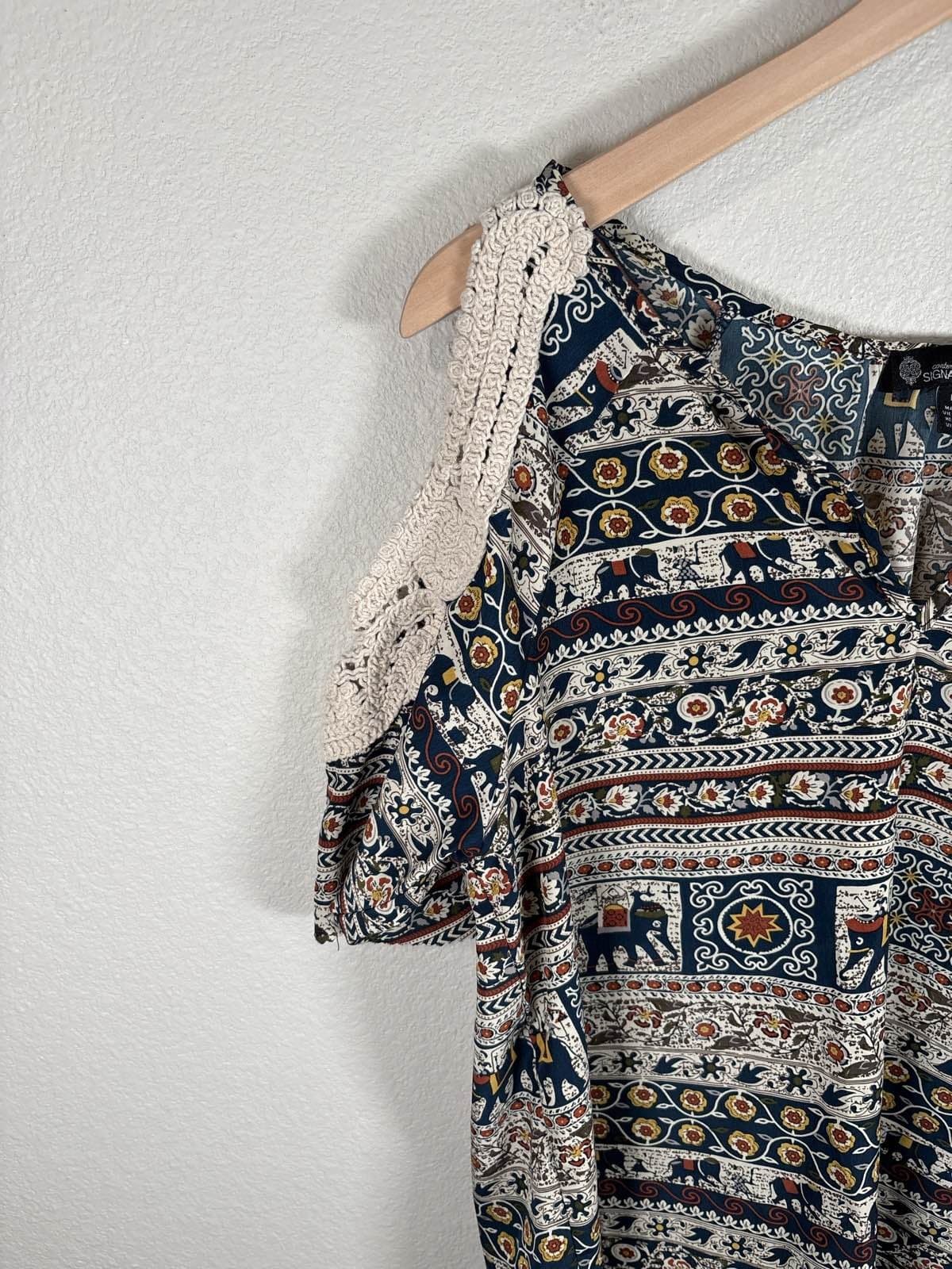 Signature Studio Cold Shoulder Elephant Crochet Trim 3/4 Sleeve Boho Blouse L - Thumbnail 3