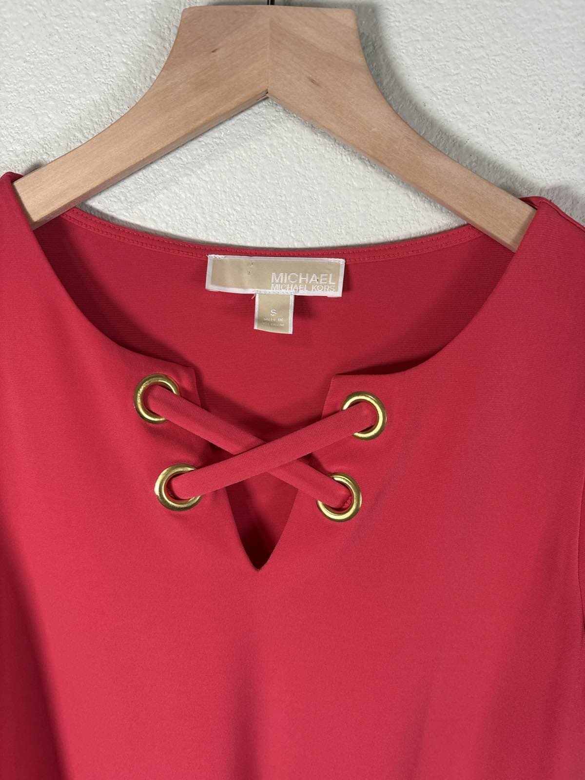 Michael Kors Red Gold Grommet Lace Up Tunic Top Ruffled Sleeve S - Thumbnail 2