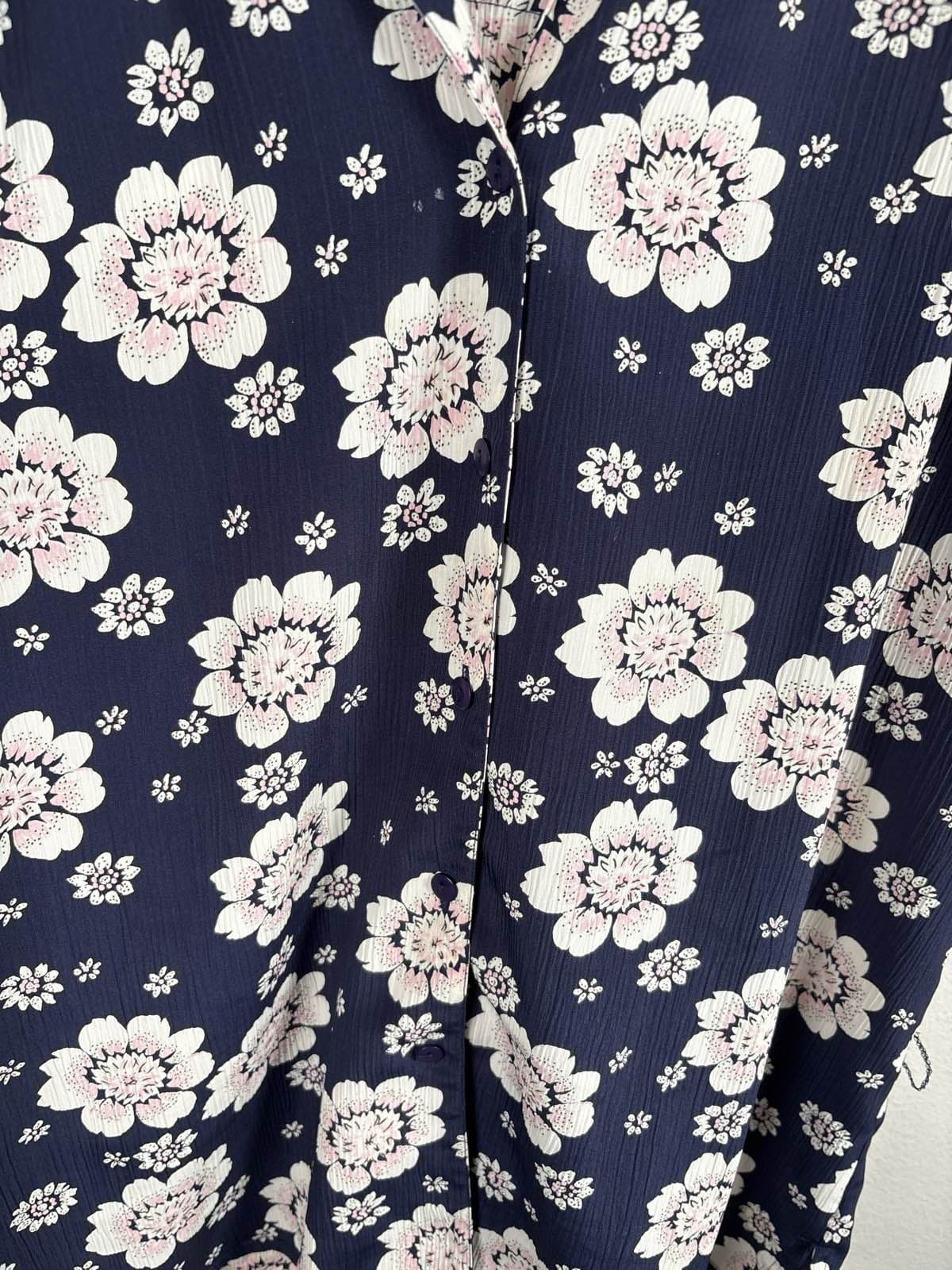 Tan Jay Navy Blue Floral Button Up Short Sleeve Collared Blouse Top 16 - Thumbnail 5