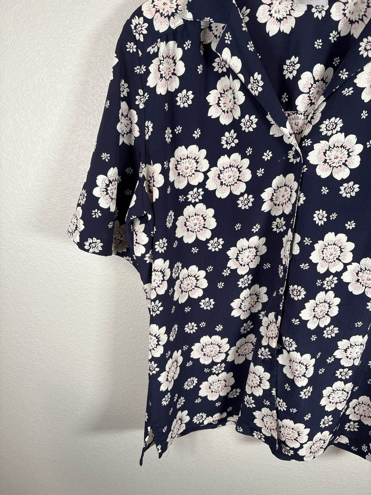 Tan Jay Navy Blue Floral Button Up Short Sleeve Collared Blouse Top 16 - Thumbnail 4