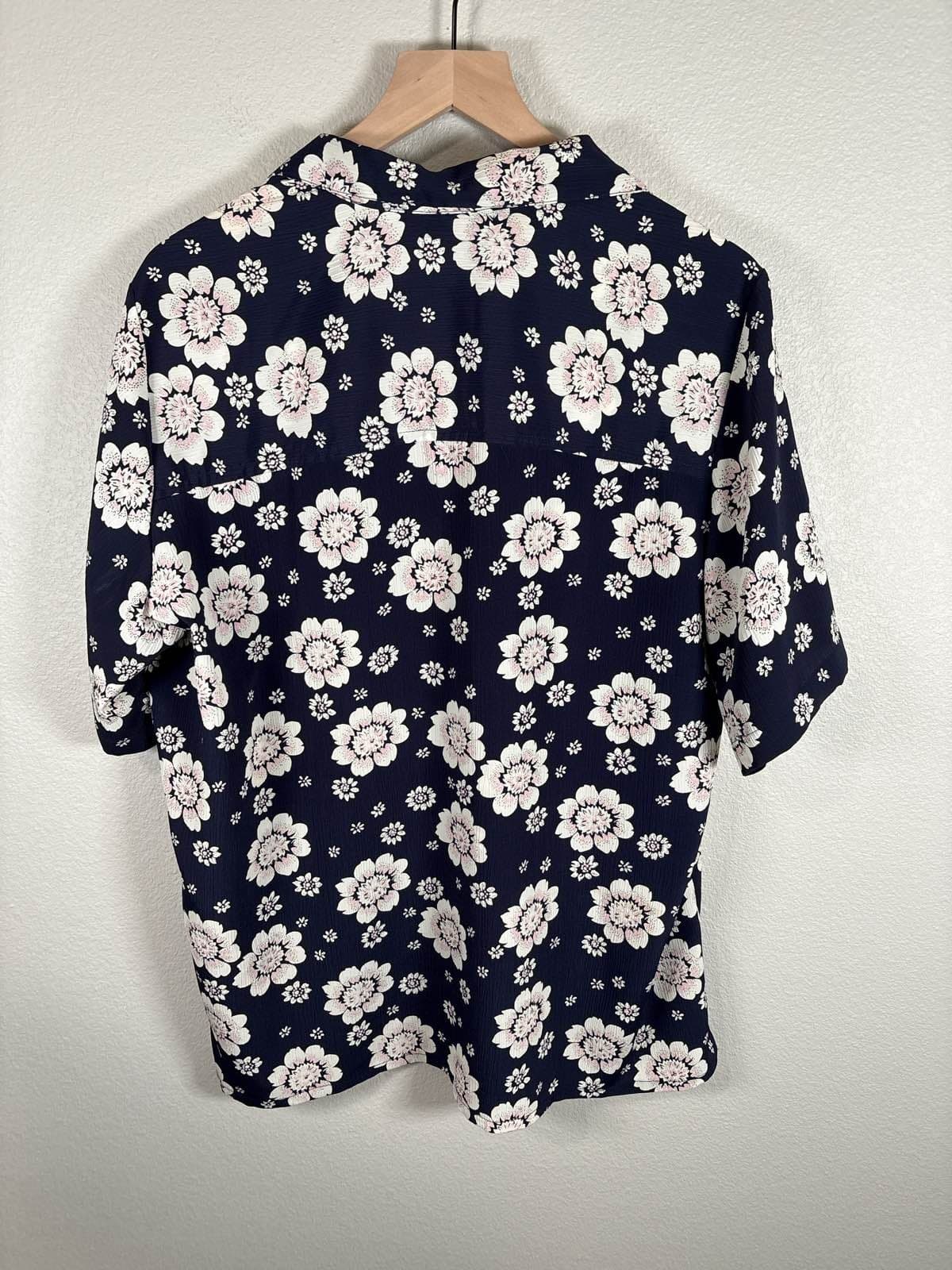 Tan Jay Navy Blue Floral Button Up Short Sleeve Collared Blouse Top 16 - Thumbnail 6