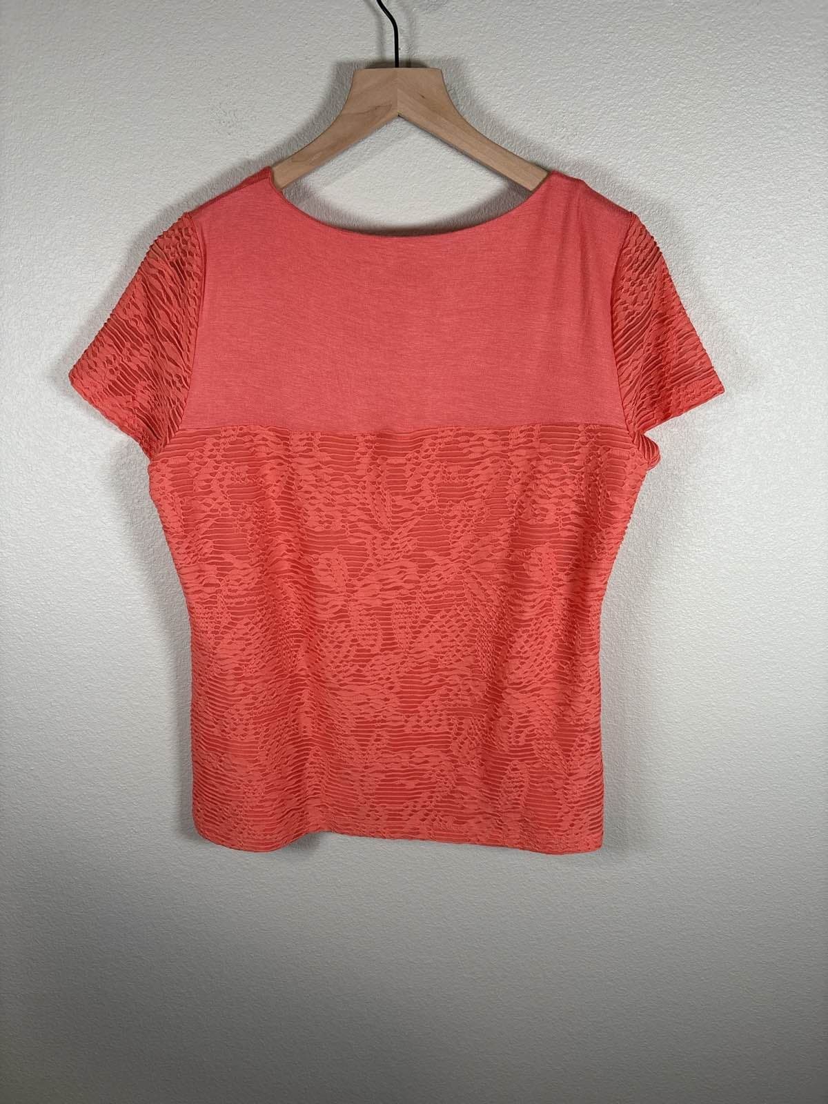 Calvin Klein Coral Floral Lace Overlay Textured Short Sleeve Blouse M - Thumbnail 7