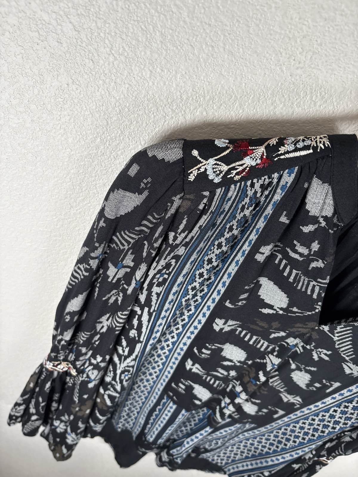 Lucky Brand Womens S Boho Tunic Blouse Black Blue Aztec Bell Sleeve Embroidered - Thumbnail 7