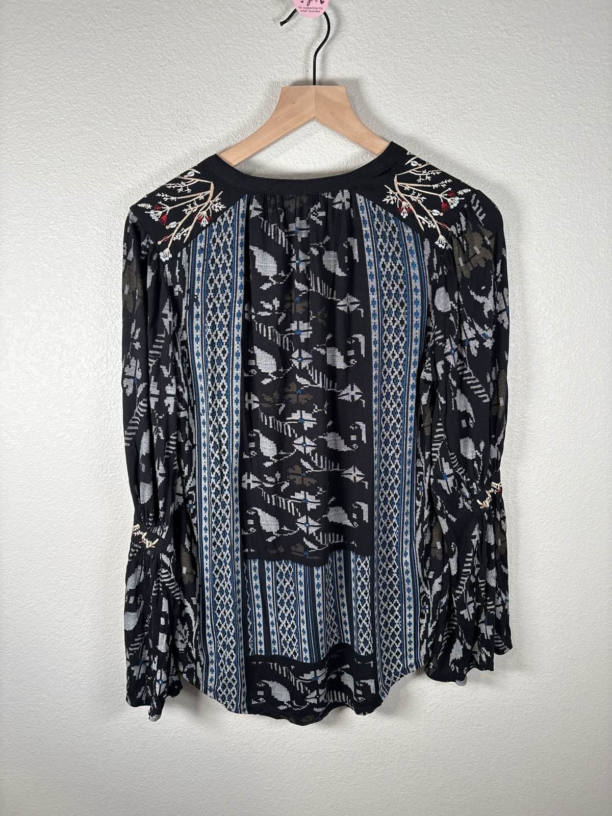 Lucky Brand Womens S Boho Tunic Blouse Black Blue Aztec Bell Sleeve Embroidered - Thumbnail 8