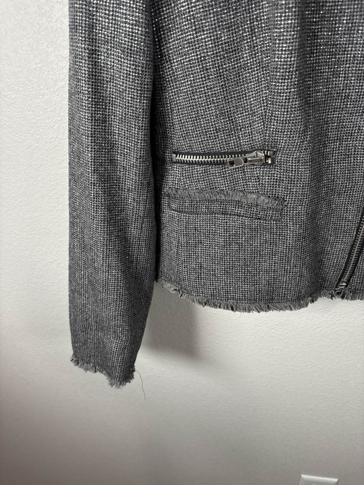MNG Mango Gray Metallic Tweed Moto Asymmetrical Zip Fringe Blazer Jacket NWT - Thumbnail 4
