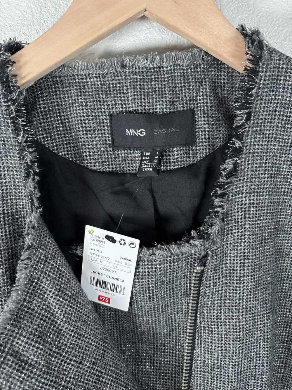 MNG Mango Gray Metallic Tweed Moto Asymmetrical Zip Fringe Blazer Jacket NWT - Thumbnail 2