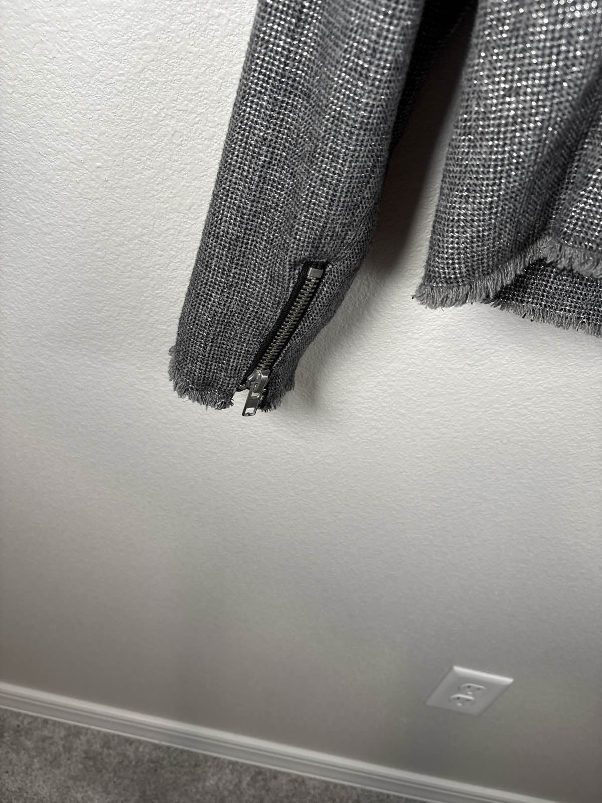 MNG Mango Gray Metallic Tweed Moto Asymmetrical Zip Fringe Blazer Jacket NWT - Thumbnail 8