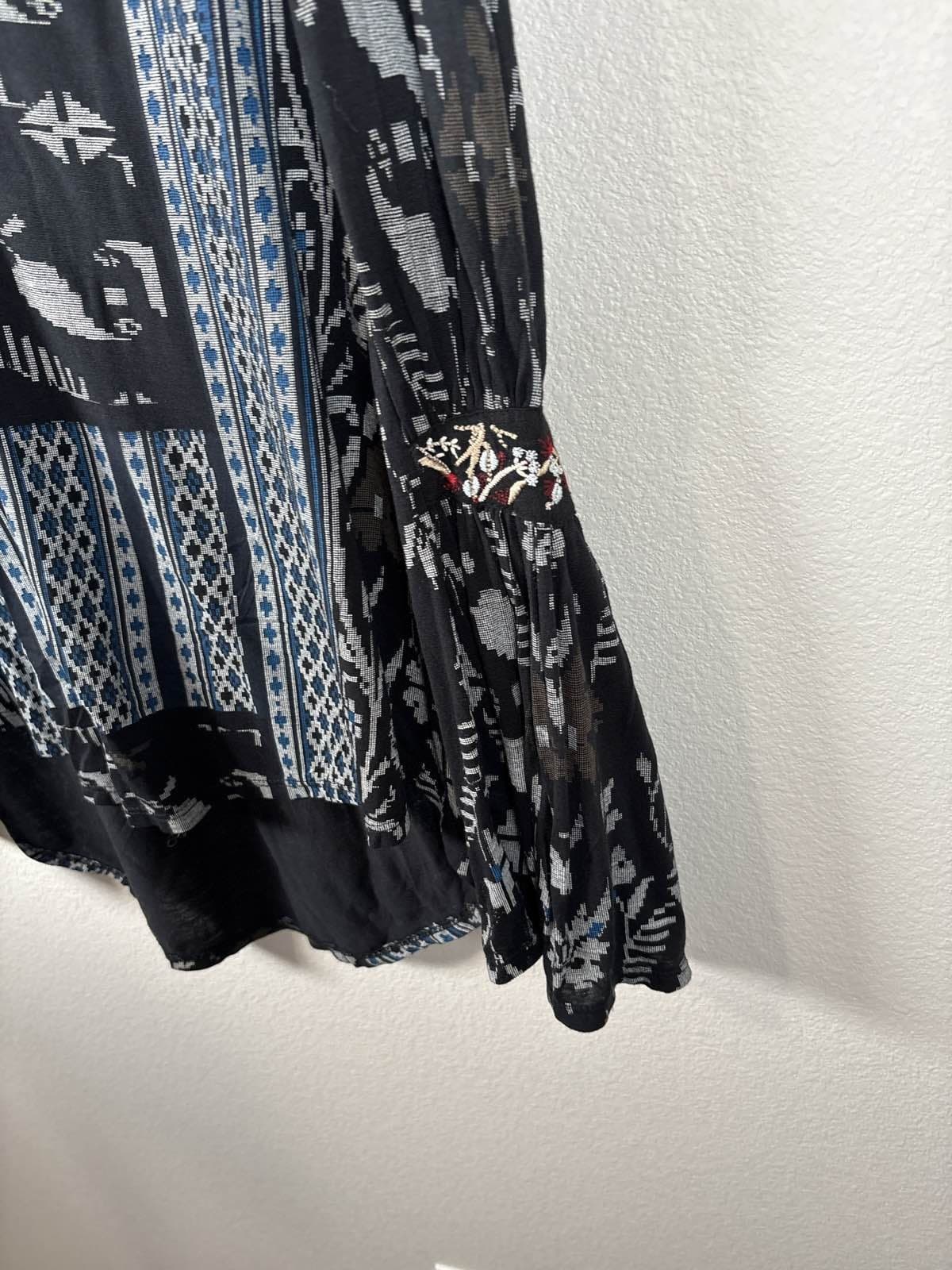 Lucky Brand Womens S Boho Tunic Blouse Black Blue Aztec Bell Sleeve Embroidered - Thumbnail 4