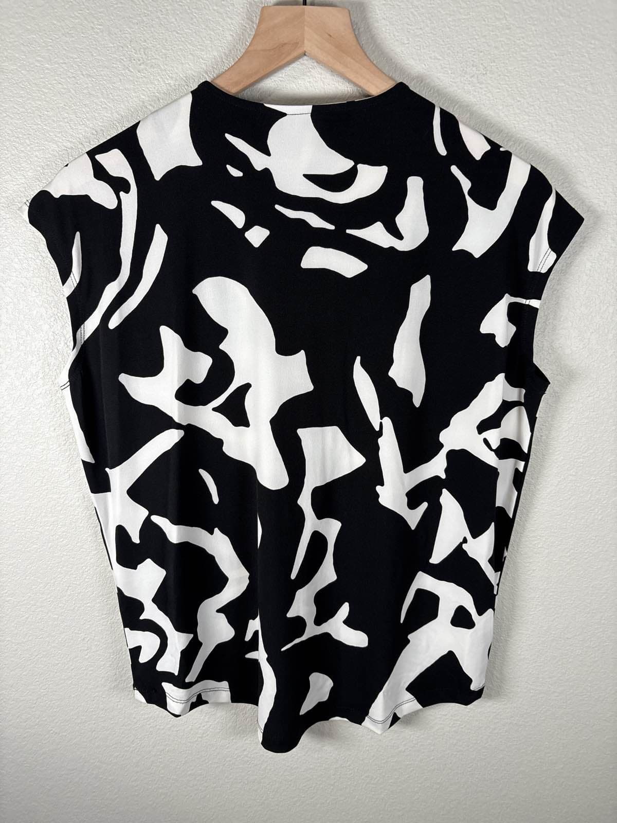 Alfani Petite P/P Black White Abstract Zip Blouse Top Short Sleeve - Thumbnail 6