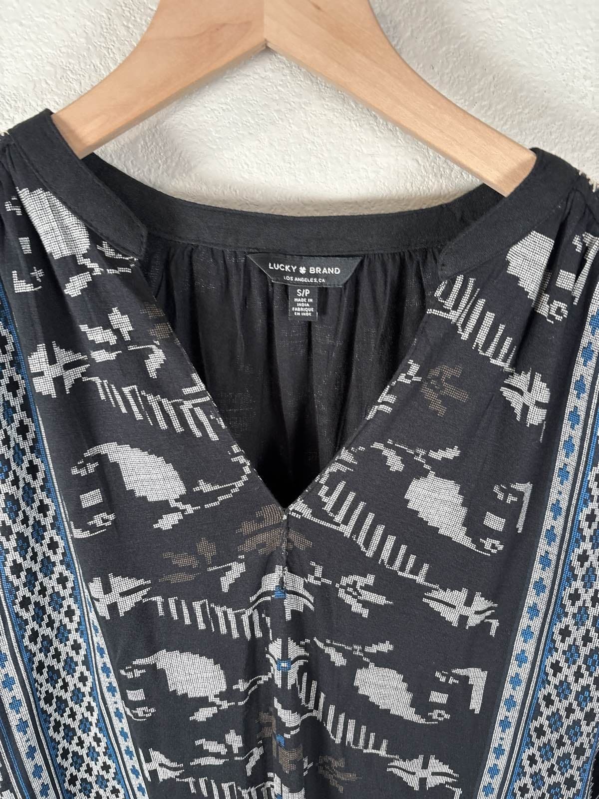 Lucky Brand Womens S Boho Tunic Blouse Black Blue Aztec Bell Sleeve Embroidered - Thumbnail 2