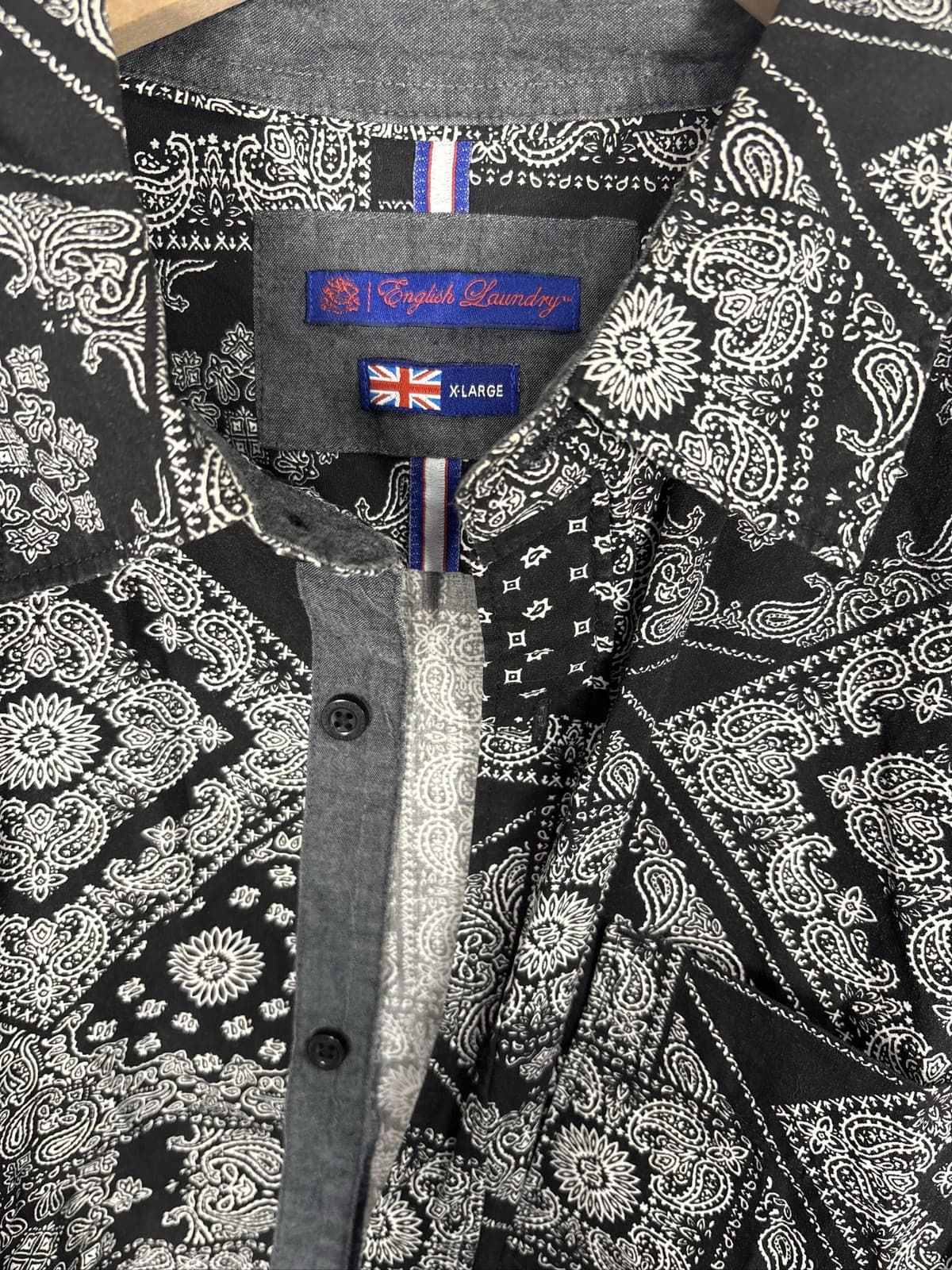 English Laundry Mens Black Bandana Paisley Patchwork Short Sleeve Shirt XL - Thumbnail 2