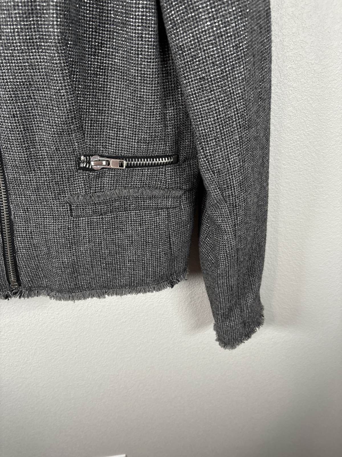MNG Mango Gray Metallic Tweed Moto Asymmetrical Zip Fringe Blazer Jacket NWT - Thumbnail 3