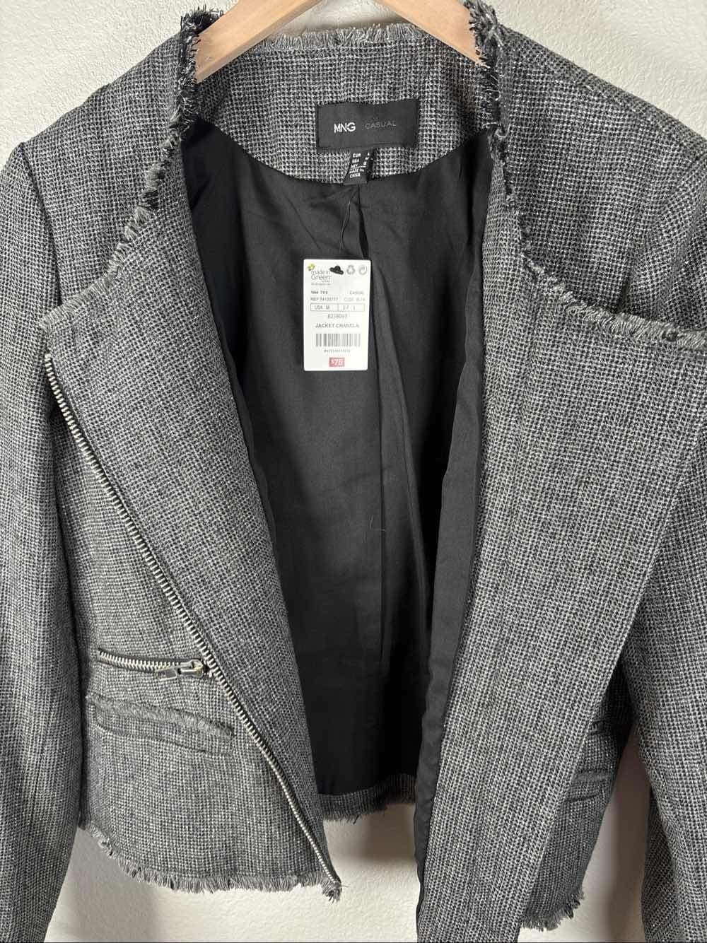 MNG Mango Gray Metallic Tweed Moto Asymmetrical Zip Fringe Blazer Jacket NWT - Thumbnail 5