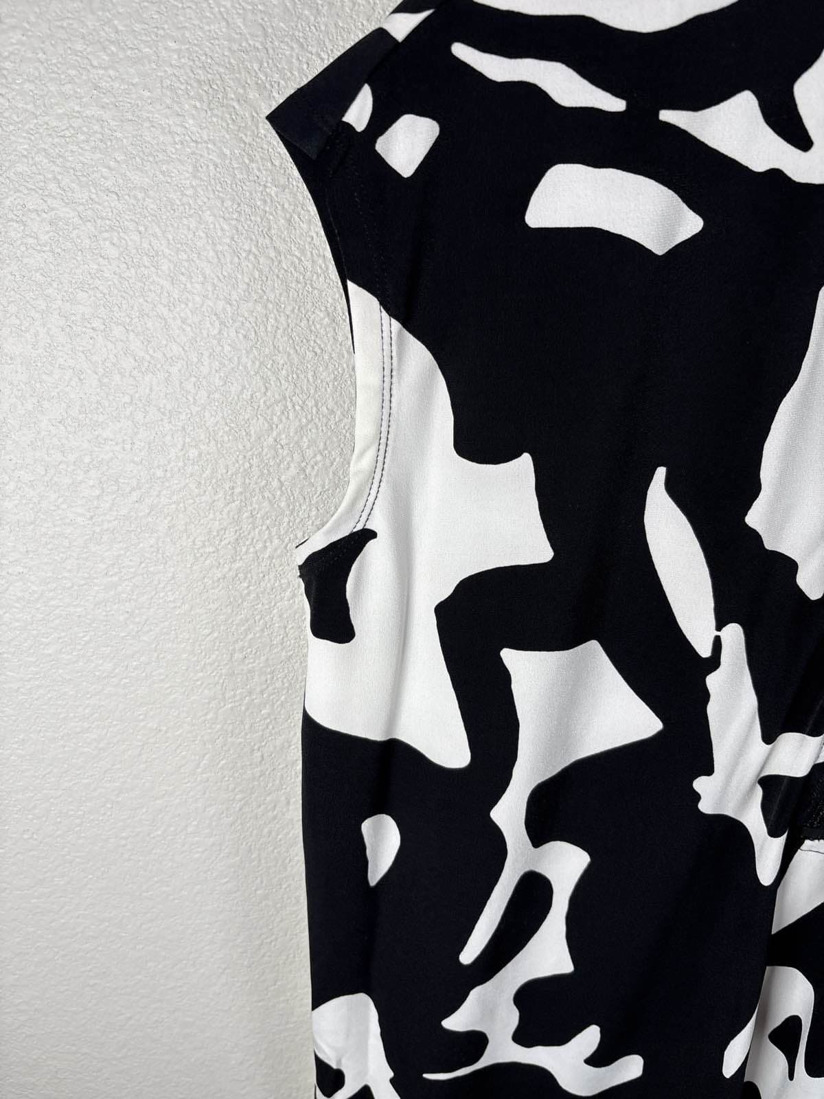 Alfani Petite P/P Black White Abstract Zip Blouse Top Short Sleeve - Thumbnail 5