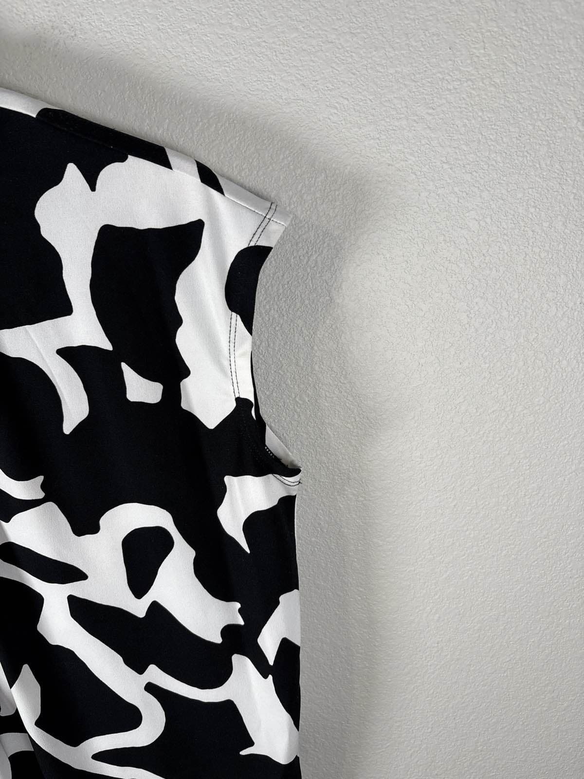 Alfani Petite P/P Black White Abstract Zip Blouse Top Short Sleeve - Thumbnail 4