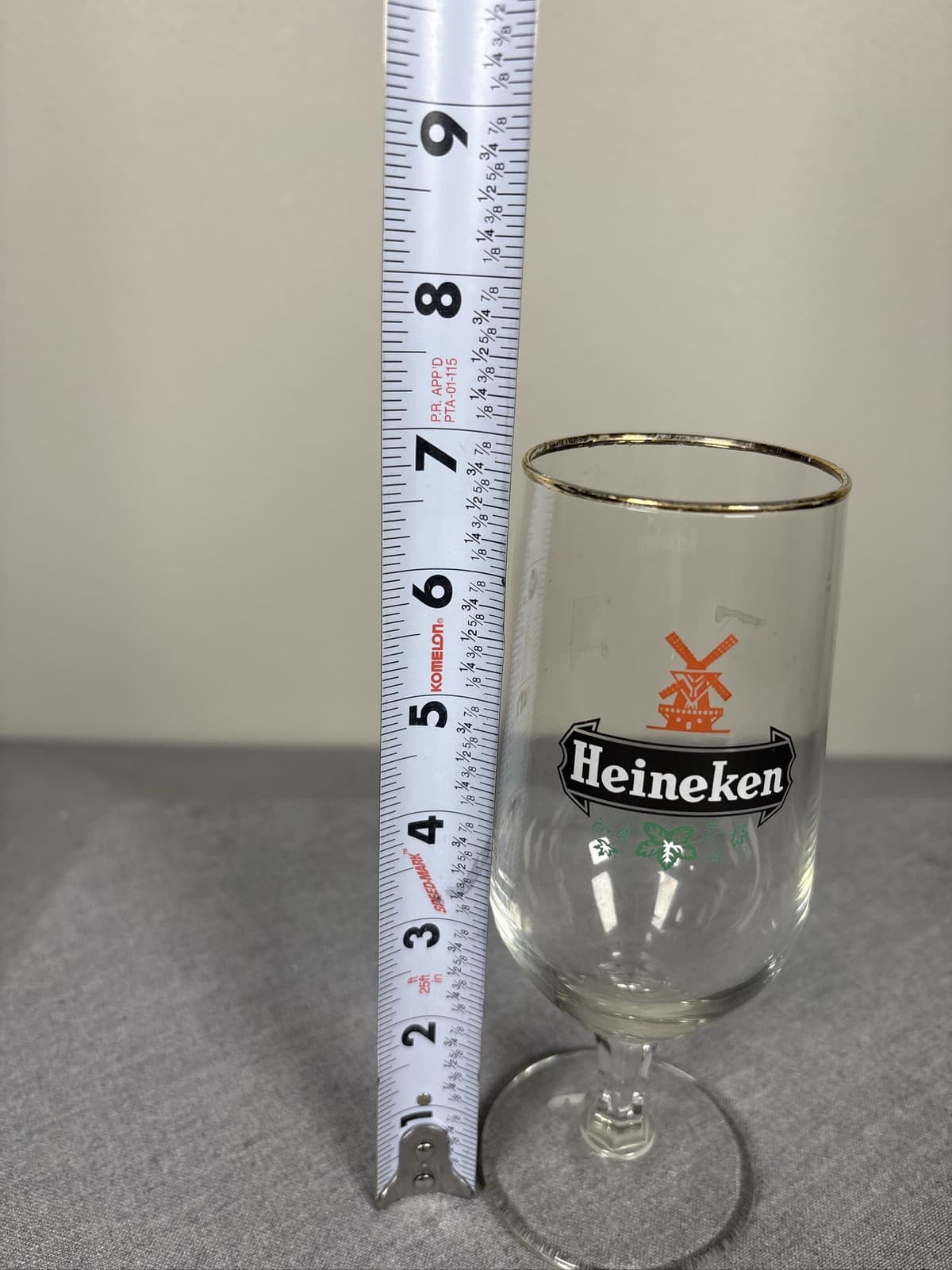 Heineken Stemmed Beer Glass Windmill Logo Gold Rim Pilsner Barware - Thumbnail 2