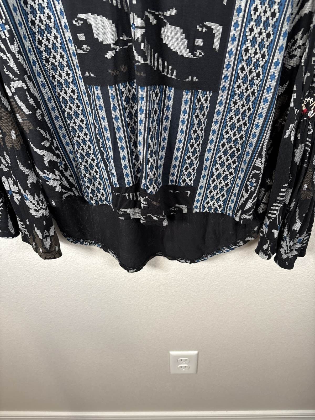 Lucky Brand Womens S Boho Tunic Blouse Black Blue Aztec Bell Sleeve Embroidered - Thumbnail 6