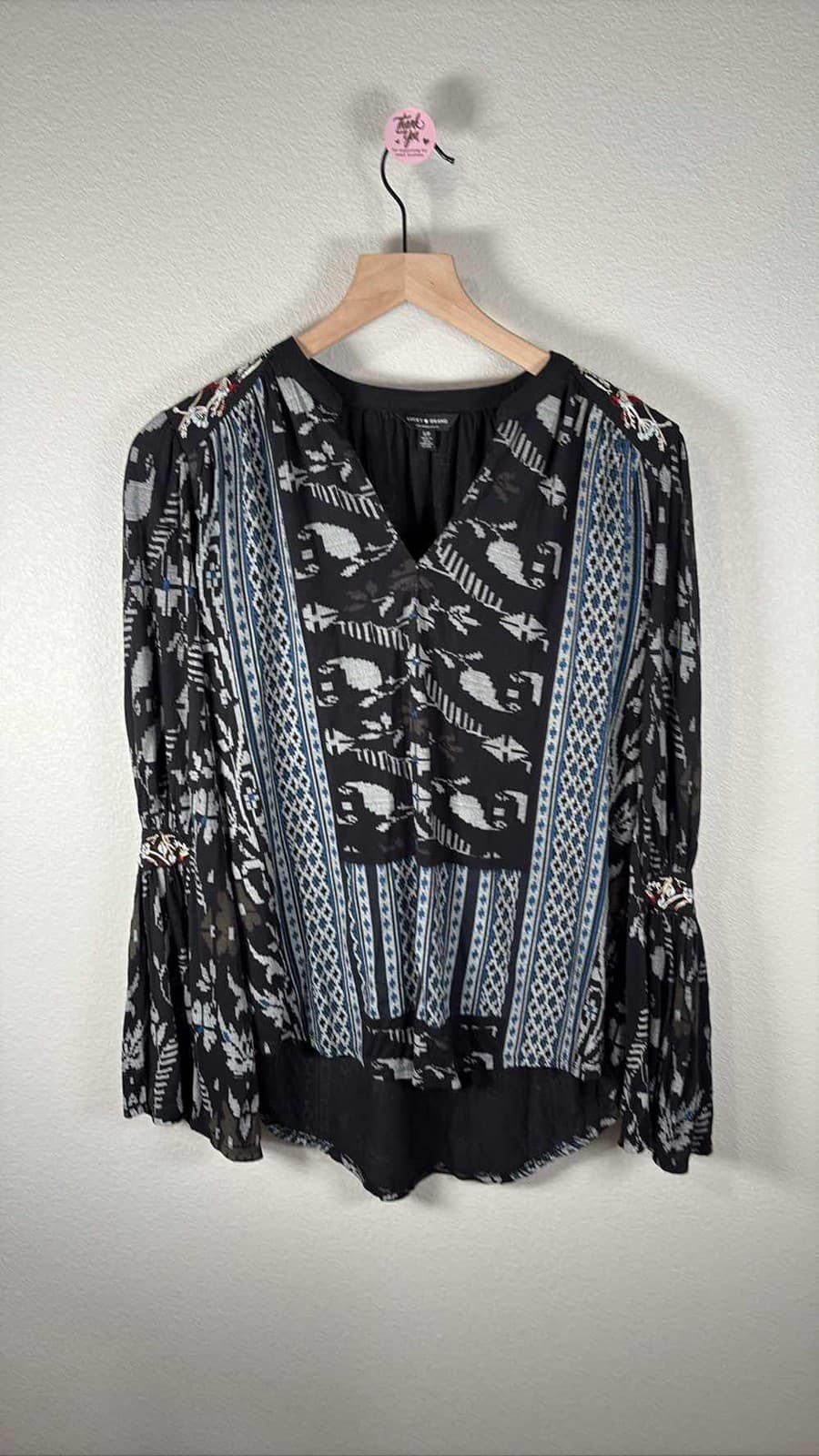 Lucky Brand Womens S Boho Tunic Blouse Black Blue Aztec Bell Sleeve Embroidered