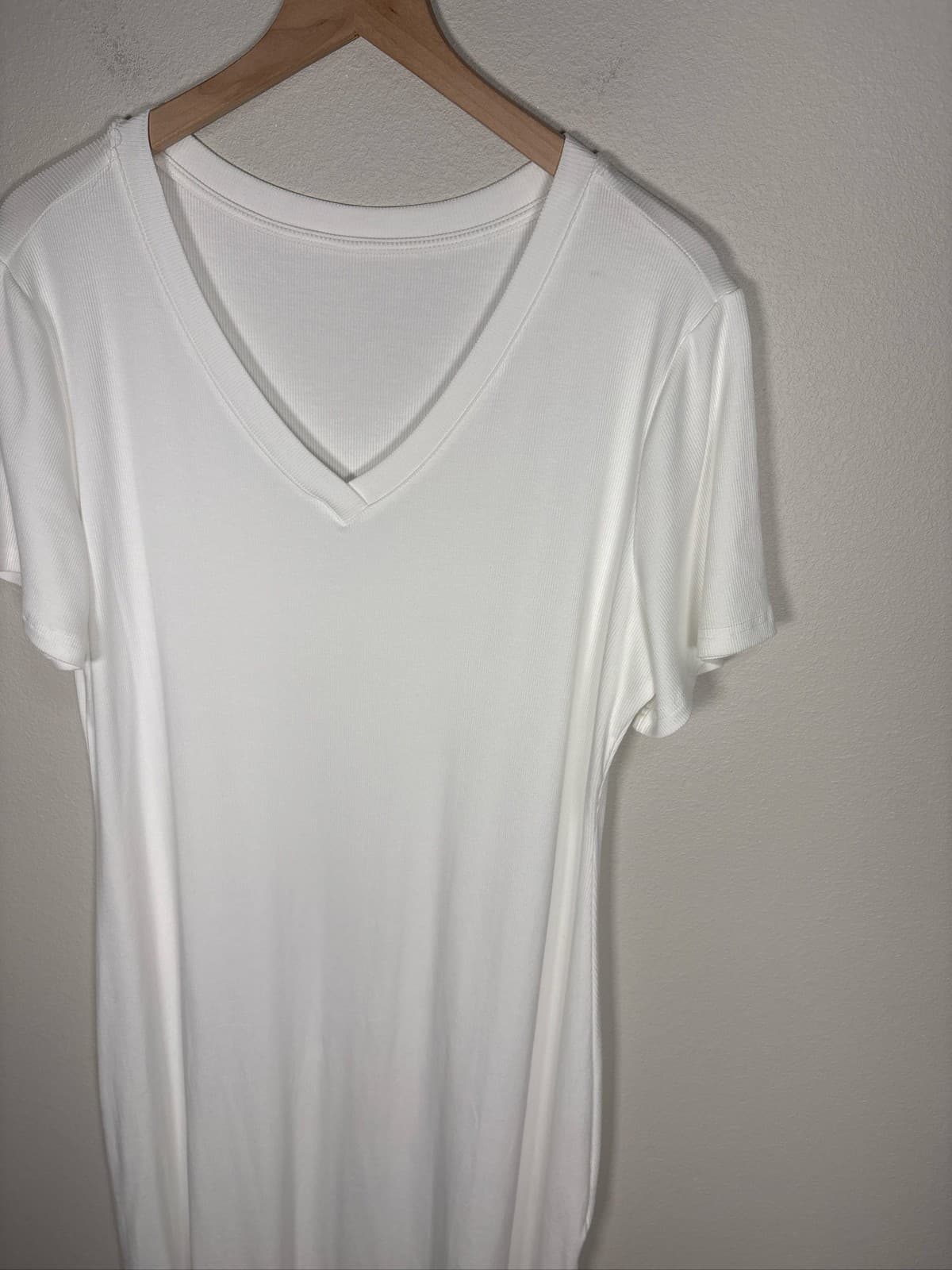Women's White T-Shirt Dress V-Neck Short Sleeve Casual Midi Dress XL - Thumbnail 2