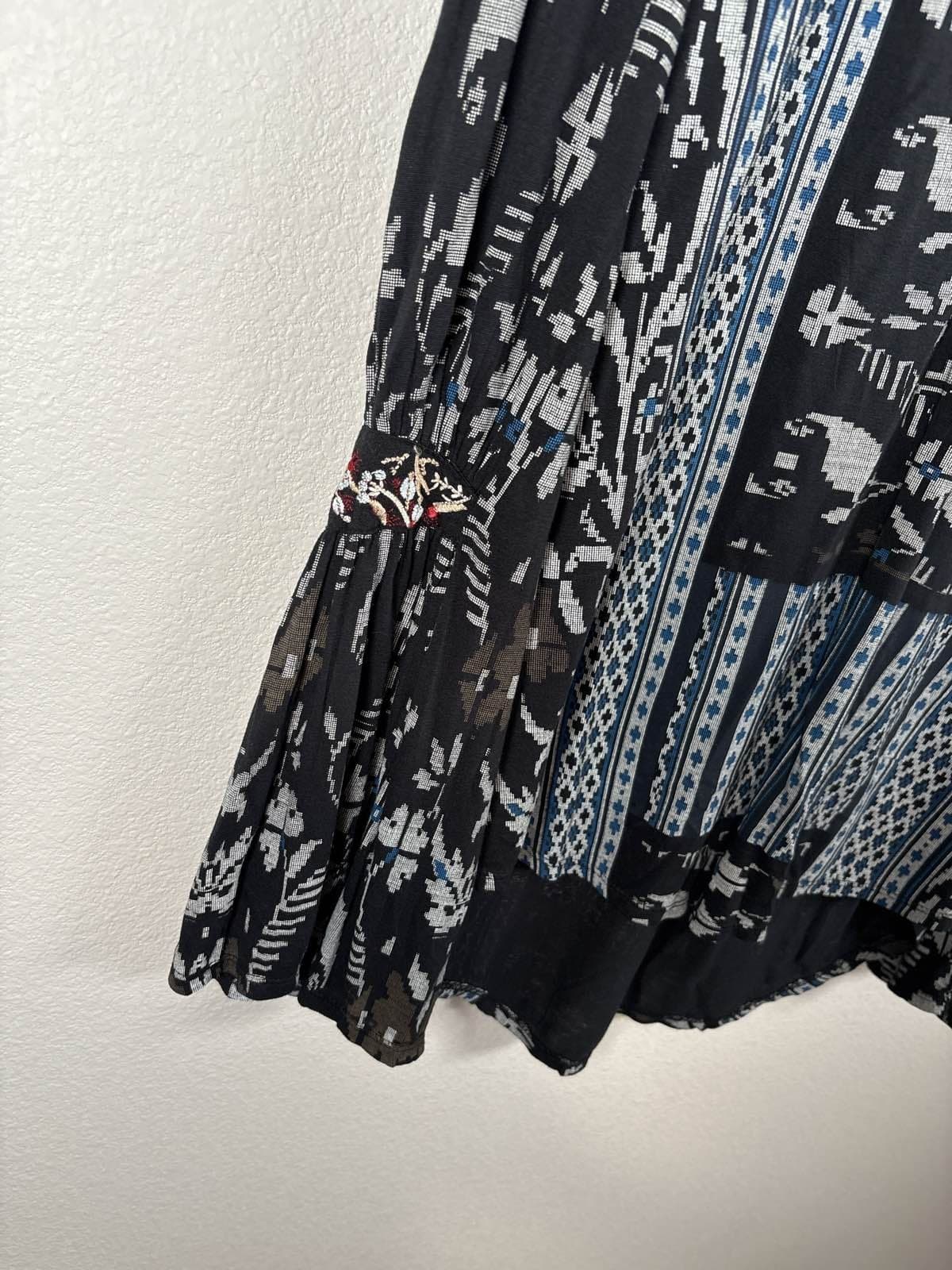 Lucky Brand Womens S Boho Tunic Blouse Black Blue Aztec Bell Sleeve Embroidered - Thumbnail 5