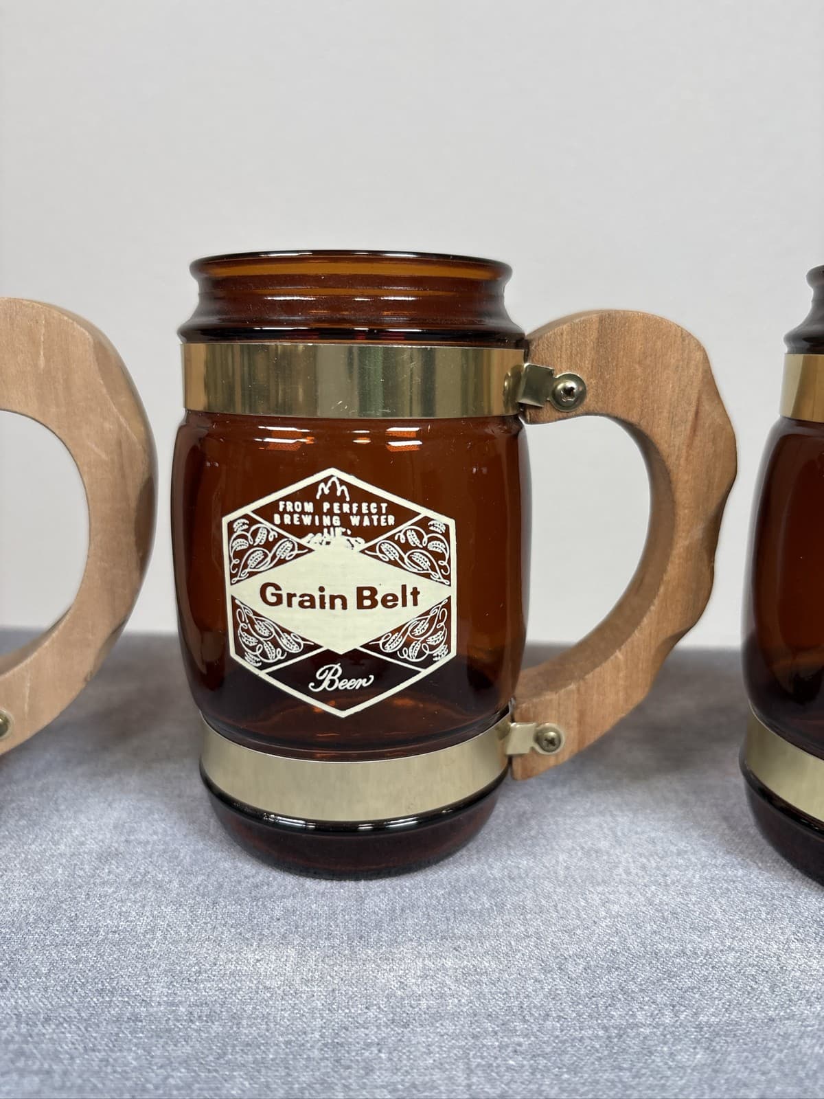 3 Grain Belt Siesta Ware Brown Beer Barrel Mugs Wood Handles - Thumbnail 3