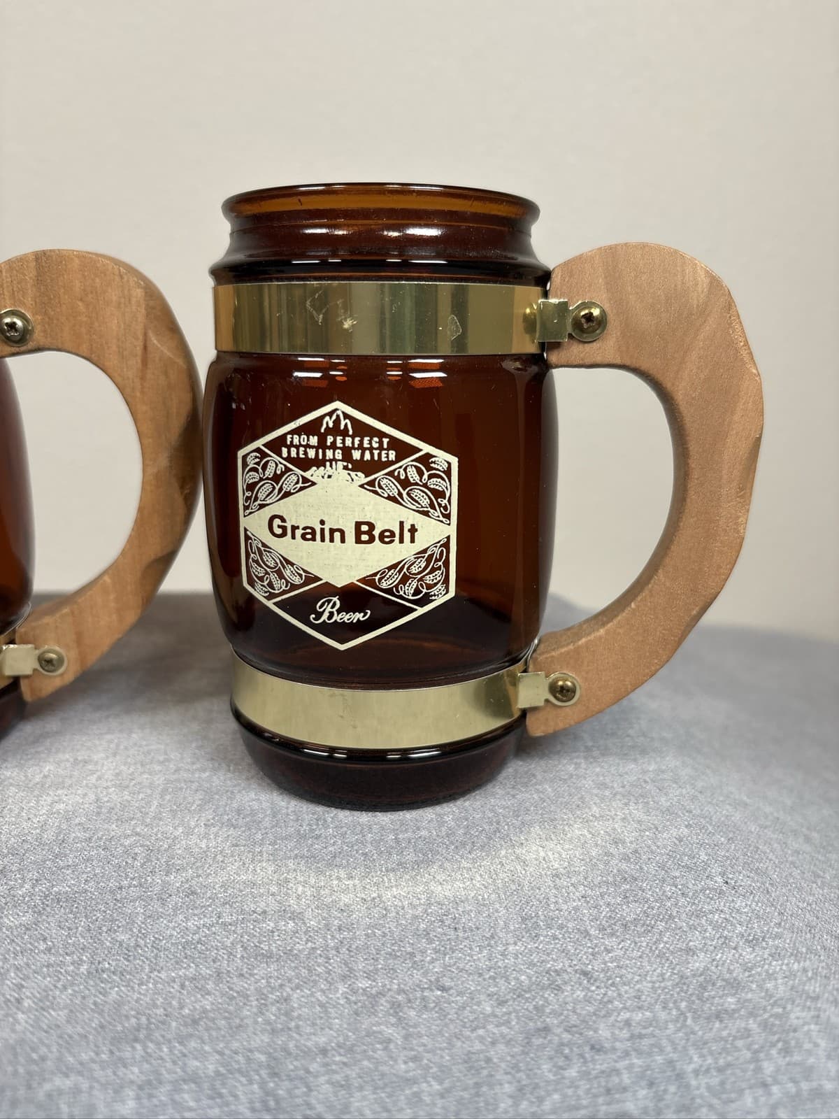 3 Grain Belt Siesta Ware Brown Beer Barrel Mugs Wood Handles - Thumbnail 2