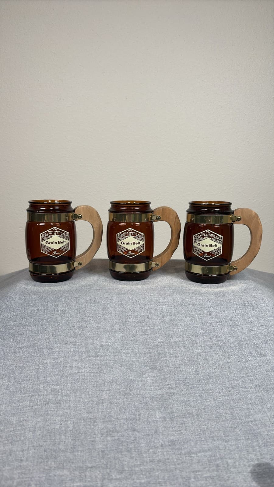 3 Grain Belt Siesta Ware Brown Beer Barrel Mugs Wood Handles