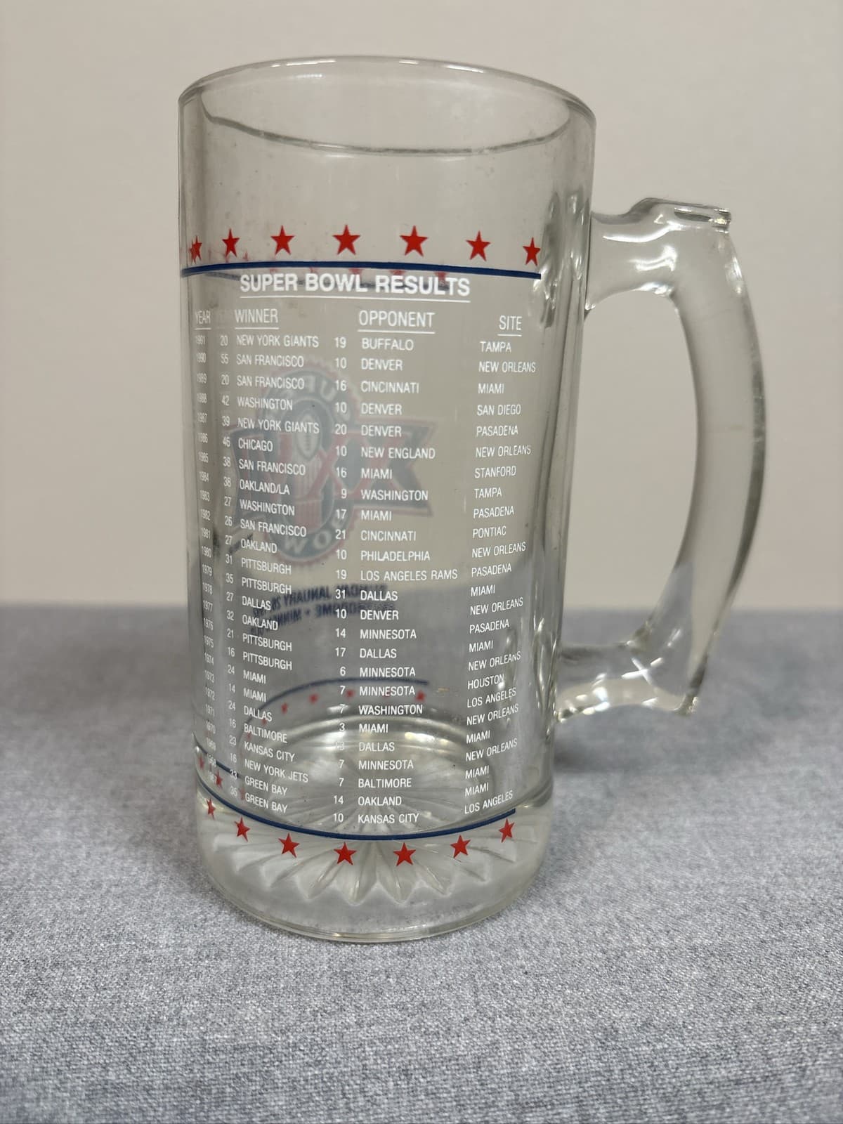 Vintage 1992 Super Bowl XXVI 26 Glass Beer Mug Metrodome Set of 4 NFL Football - Thumbnail 2