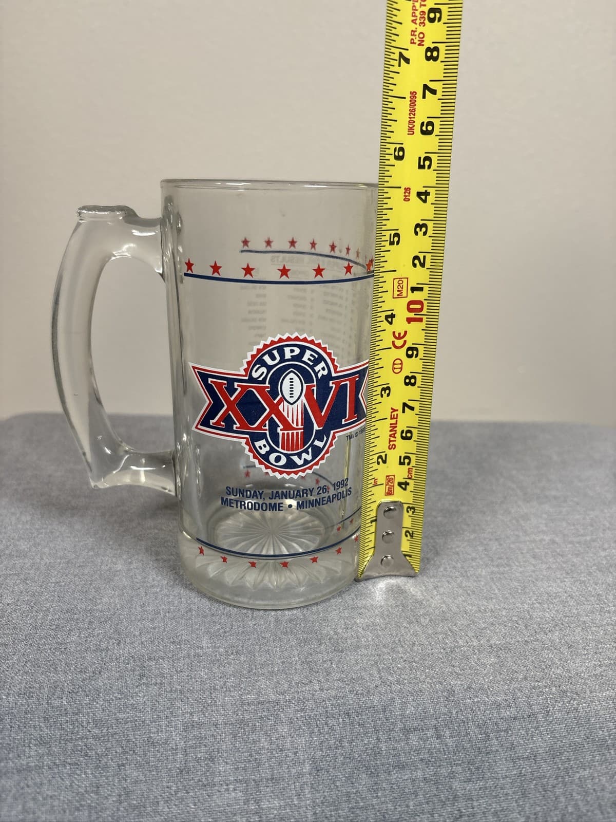Vintage 1992 Super Bowl XXVI 26 Glass Beer Mug Metrodome Set of 4 NFL Football - Thumbnail 7