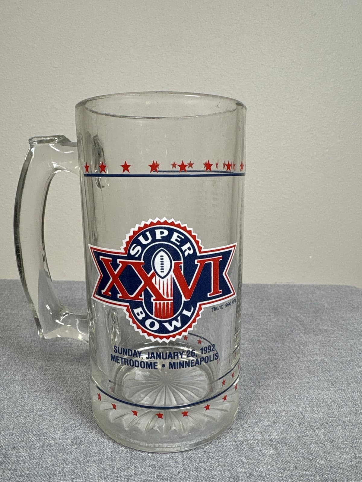 Vintage 1992 Super Bowl XXVI 26 Glass Beer Mug Metrodome Set of 4 NFL Football - Thumbnail 4