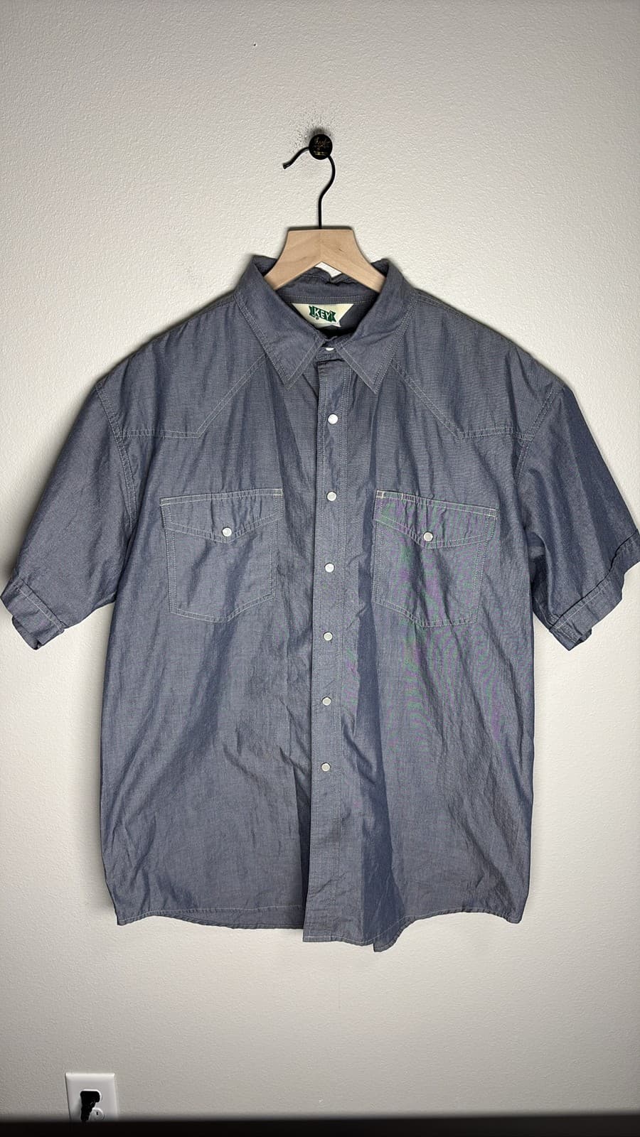 KEY Chambray Pearl Snap Western Shirt Men XLarge Blue Short Sleeve - Thumbnail 2