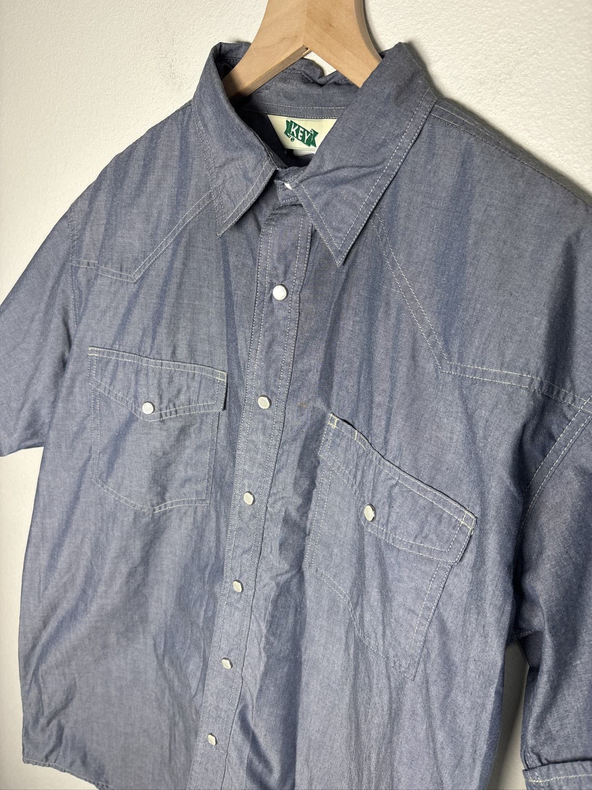 KEY Chambray Pearl Snap Western Shirt Men XLarge Blue Short Sleeve - Thumbnail 3