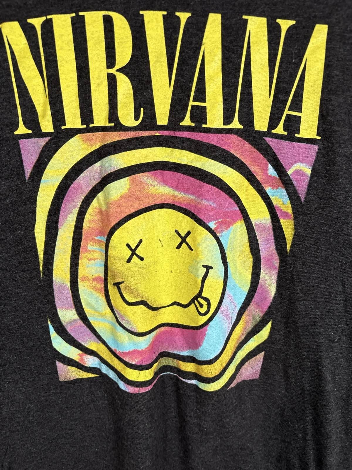 Nirvana Smiley Face Band T-Shirt Men's Black Grunge Rock Music Tee L - Thumbnail 2