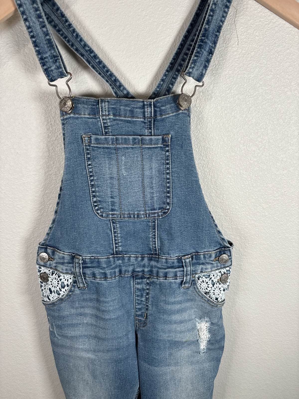 Justice Jeans Youth Skinny Denim Overalls Lace Trim Distressed Rolled Cuff 12 - Thumbnail 2