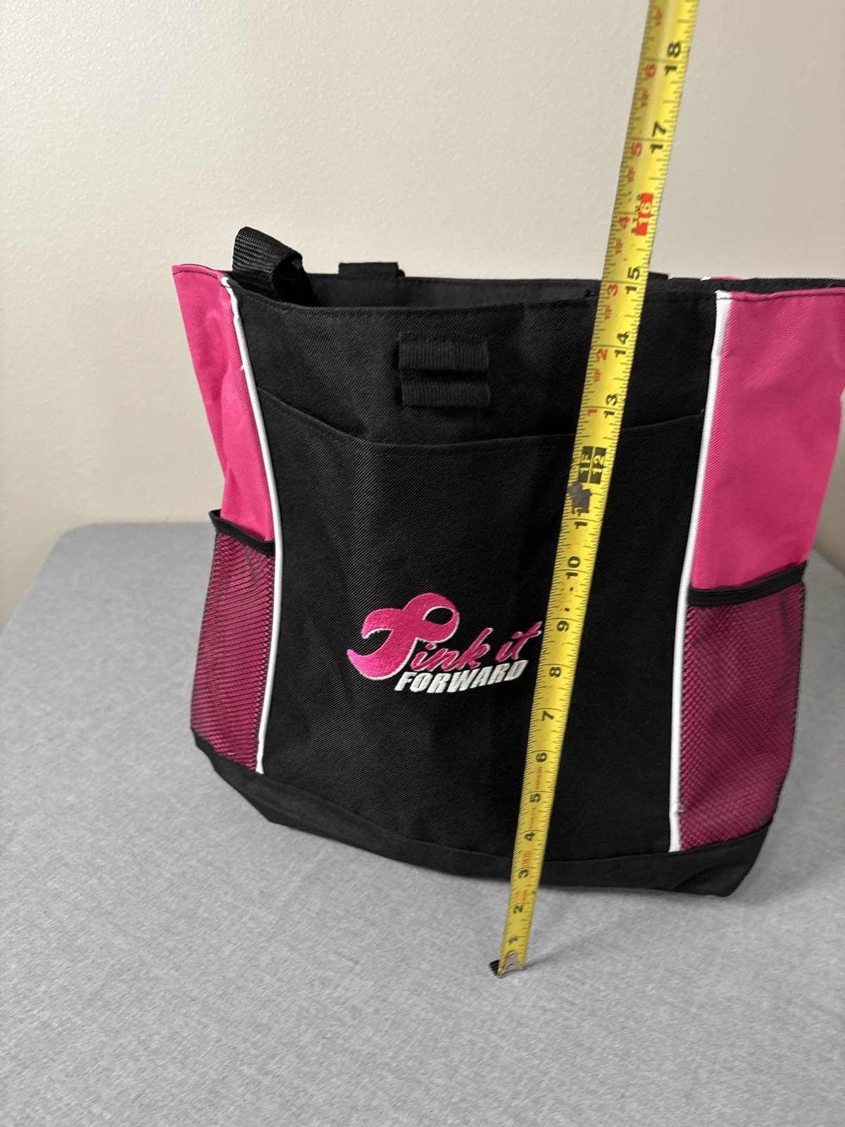 Pink it Forward Black Pink Tote Bag Zippered Mesh Pockets Breast Cancer - Thumbnail 2