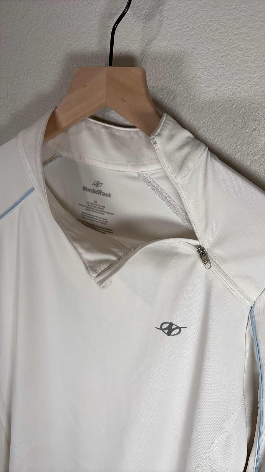 NordicTrack NT Dri Mens L 1/4 Zip Pullover Athletic Jacket White Blue - Thumbnail 2