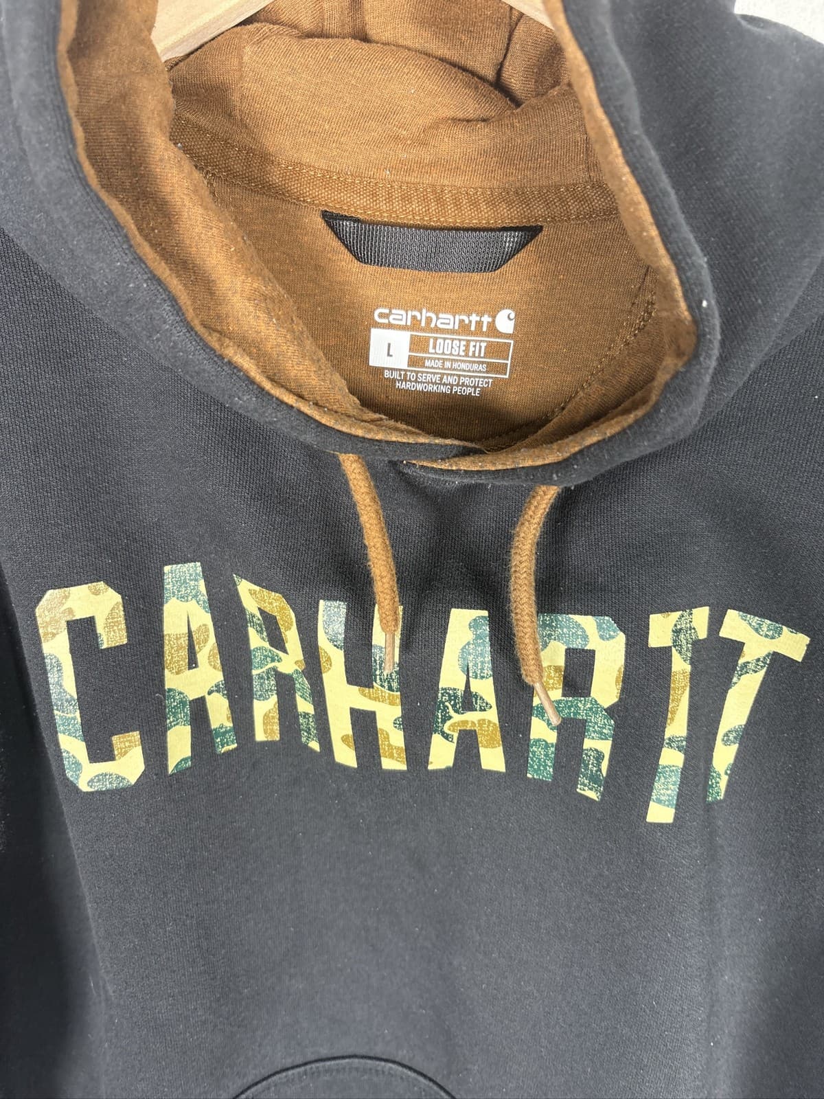 Carhartt Hoodie Mens Black Camo Logo Lined Hood Pullover Sweatshirt - Thumbnail 2