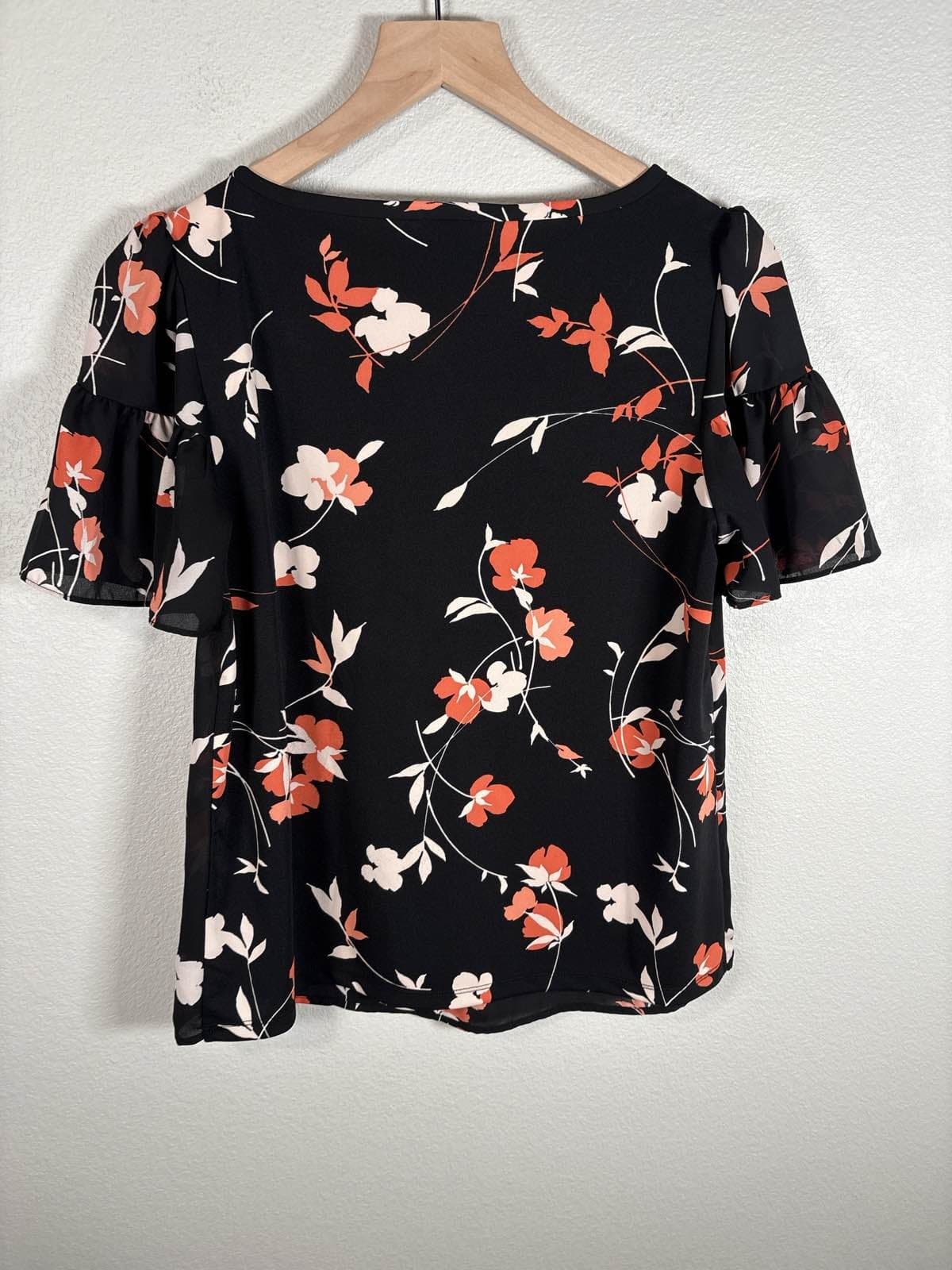 Ann Taylor Black Red White Floral Short Ruffle Sleeve Blouse Top S - Thumbnail 5