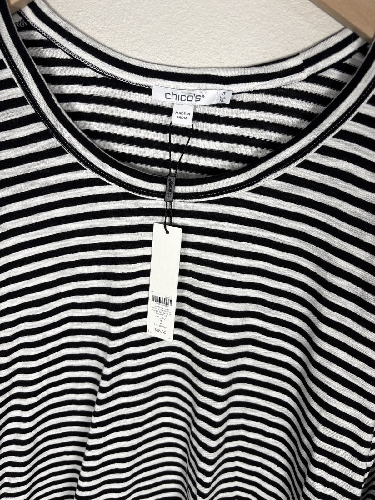 Chico's Women's Top Black White Striped 3/4 Sleeve Scoop Neck Size 3 - Thumbnail 2
