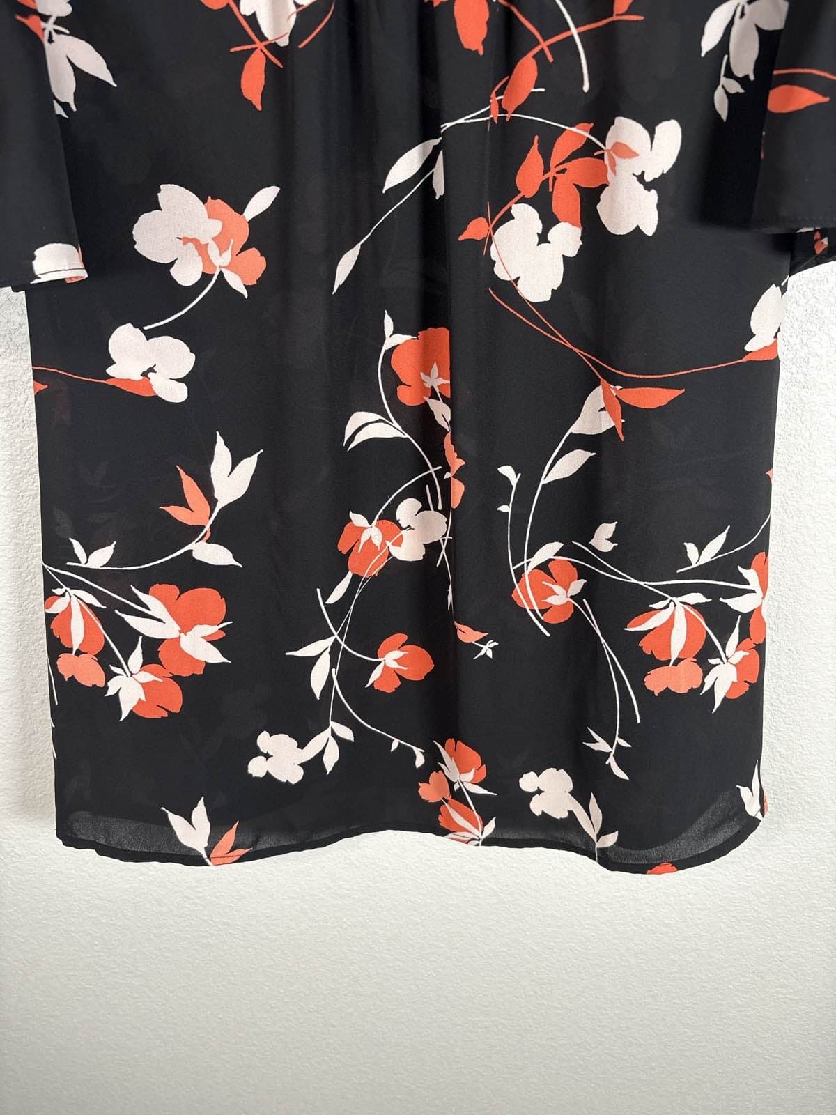 Ann Taylor Black Red White Floral Short Ruffle Sleeve Blouse Top S - Thumbnail 4