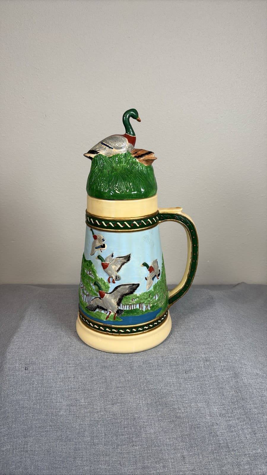 Large German Beer Stein Tankard Mallard Duck Scene Lidded Wildlife Mug
