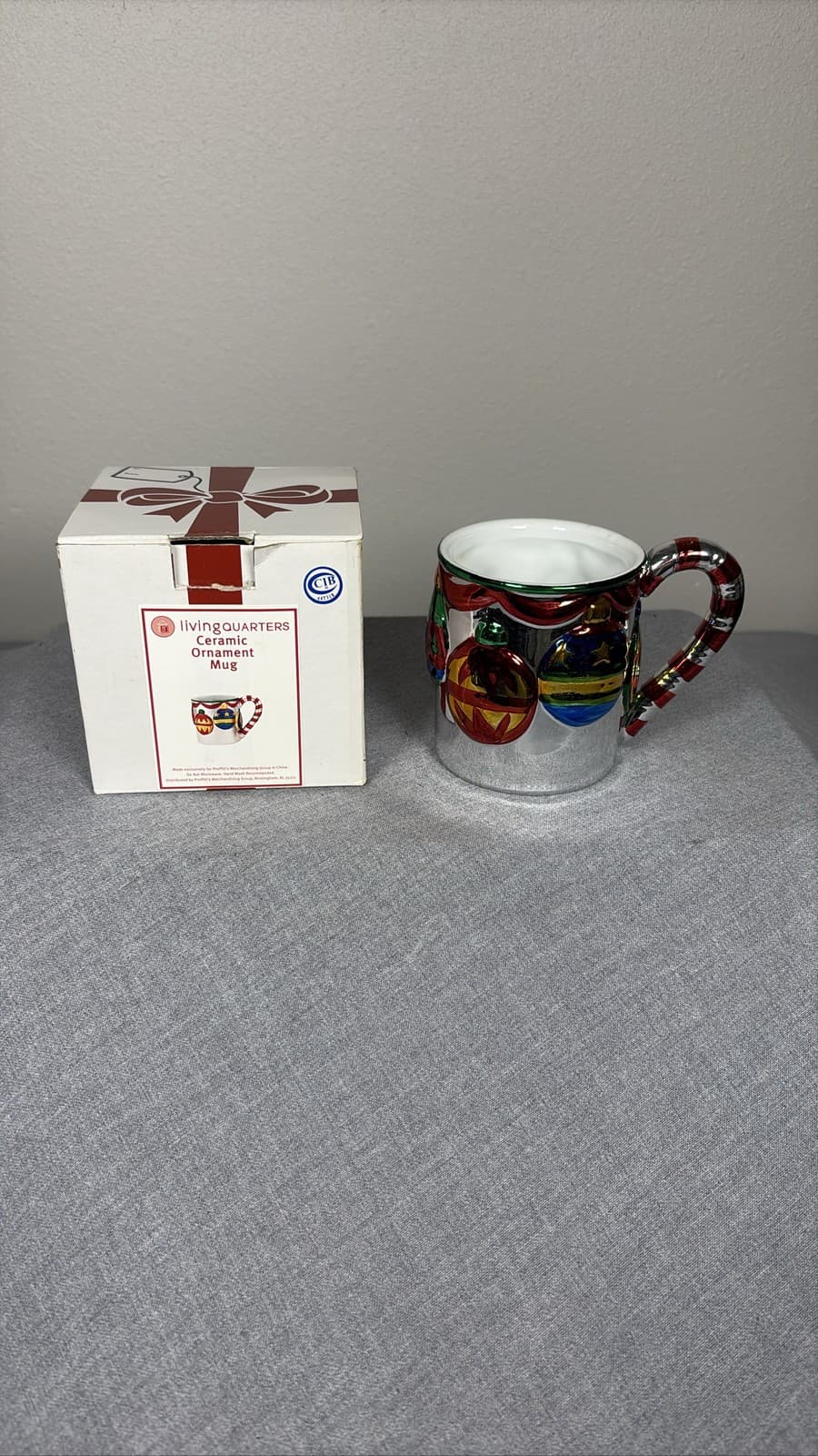 Living Quarters Ceramic Ornament Mug Christmas Peppermint Handle Box