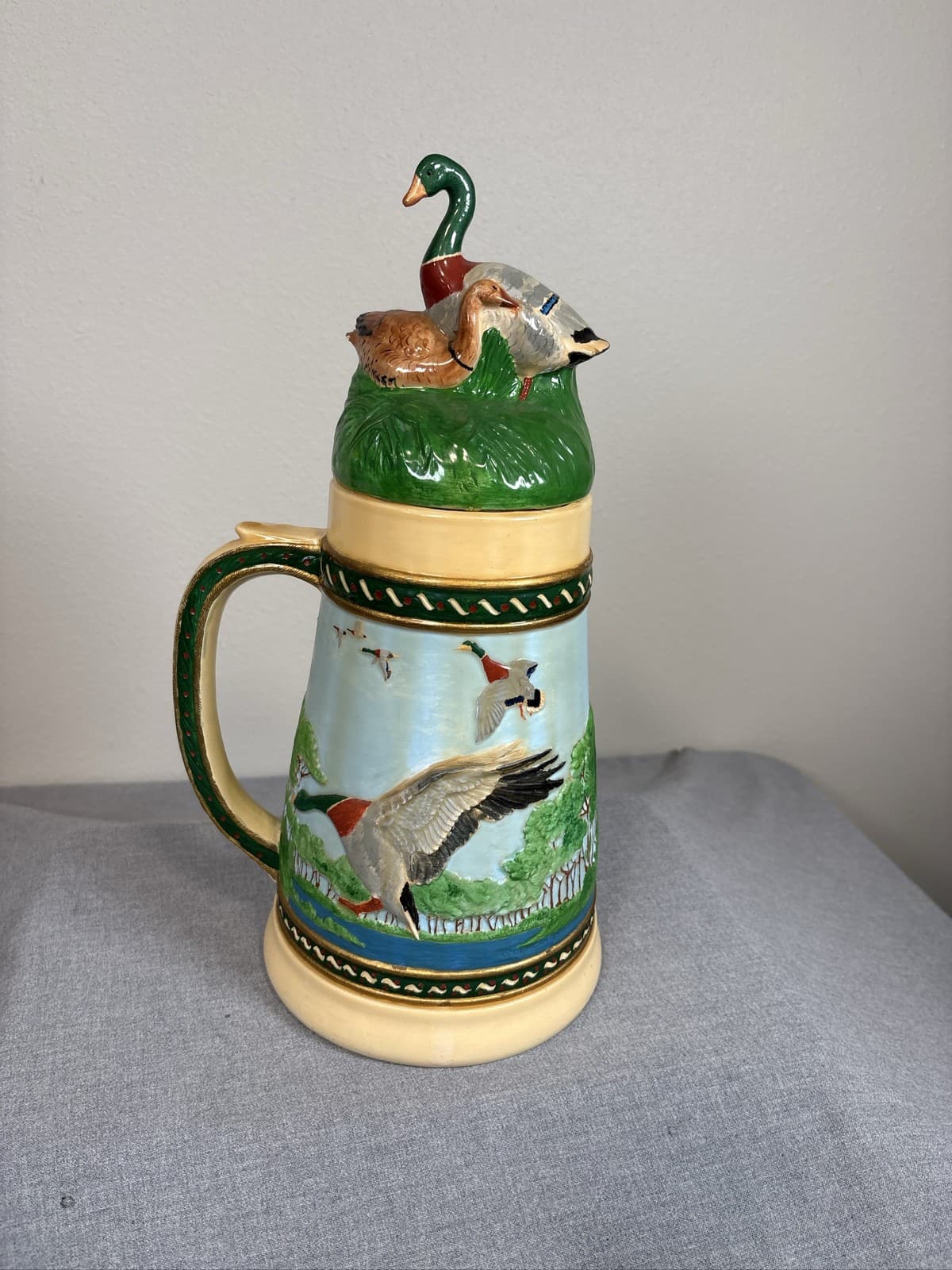 Large German Beer Stein Tankard Mallard Duck Scene Lidded Wildlife Mug - Thumbnail 3