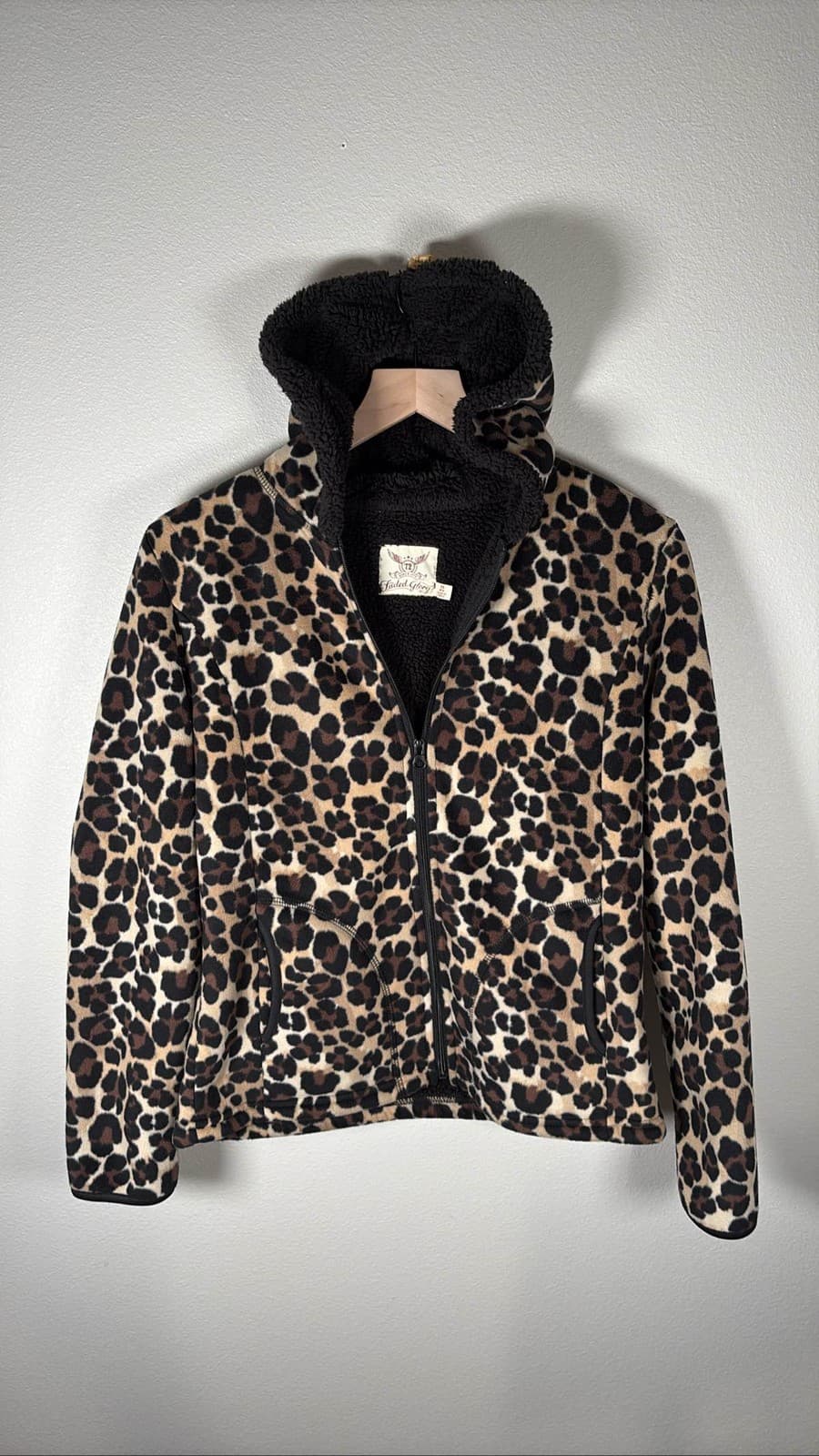 Faded Glory Women's Leopard Print Fleece Hoodie Sherpa Lined XS