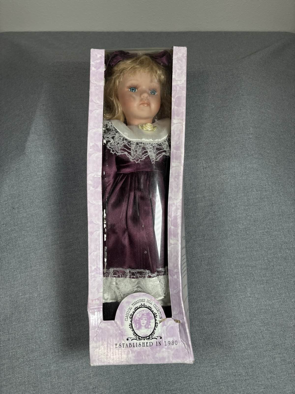 VTG Porcelain Doll Blonde Blue Eyes Plum Purple Dress Lace Collar 1980