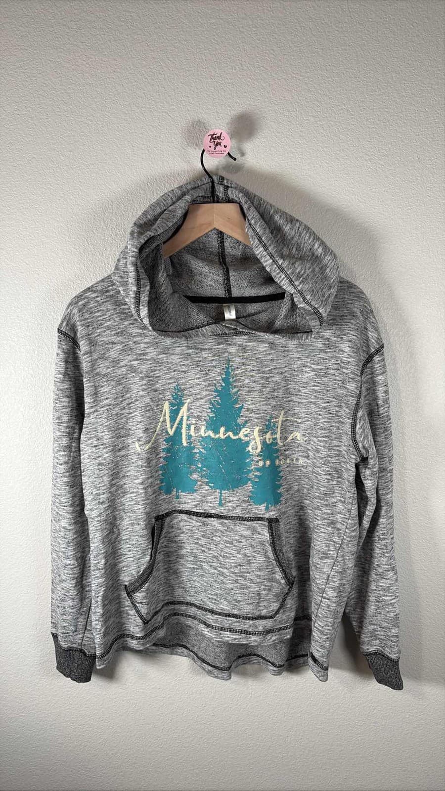 Minnesota Forest Trees Graphic Hoodie Sweatshirt Gray Teal Pullover L