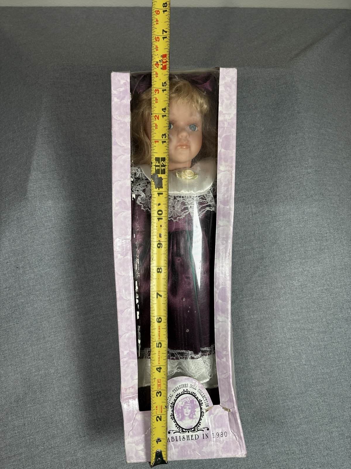 VTG Porcelain Doll Blonde Blue Eyes Plum Purple Dress Lace Collar 1980 - Thumbnail 2
